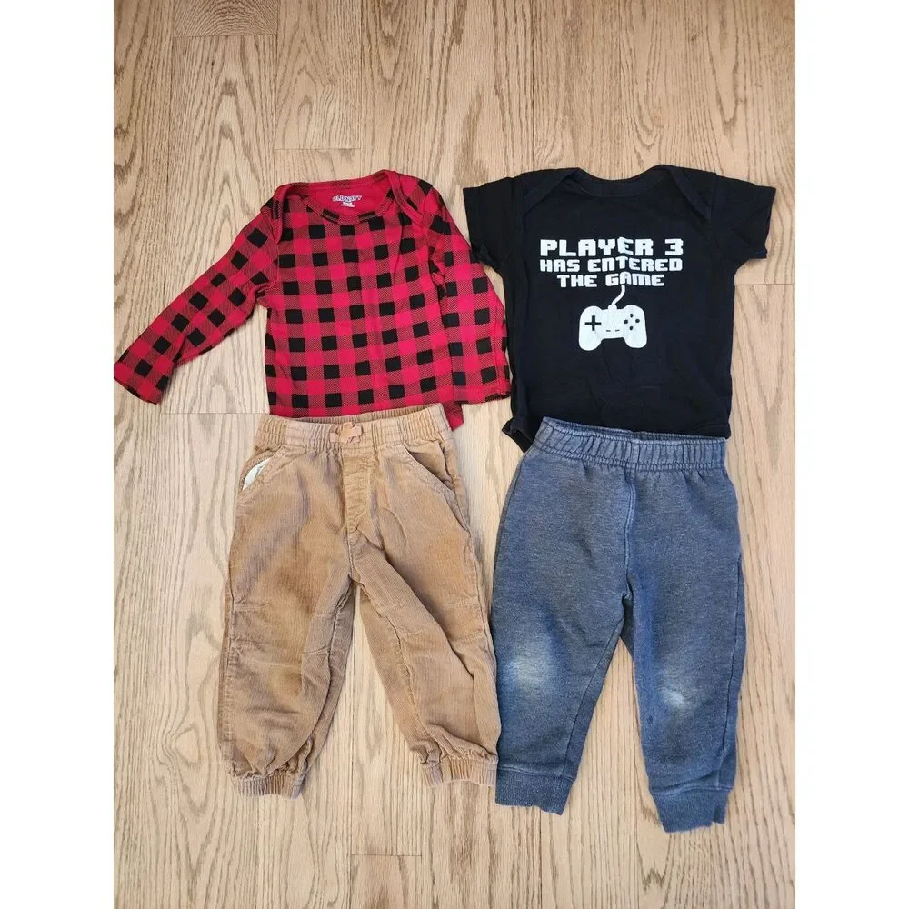 18M Lot of 4 Player 3 Has Entered The Game, Red Buffalo Plaid, Body Suits, Pants